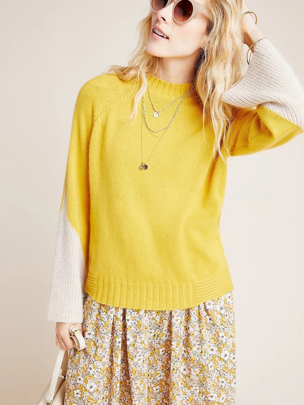 Anthropologie Yellow Sweater with Cream Colorblock Sleeves
